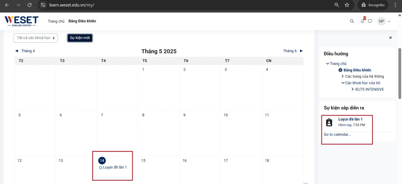 Giao diện lịch học trên Learning Portal