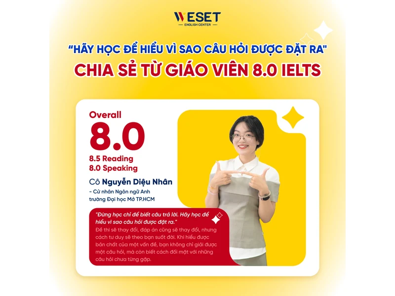 Giáo viên IELTS 8.0 Nguyễn Diệu Nhân tại WESET chia sẻ phương pháp học để hiểu bản chất câu hỏi IELTS.