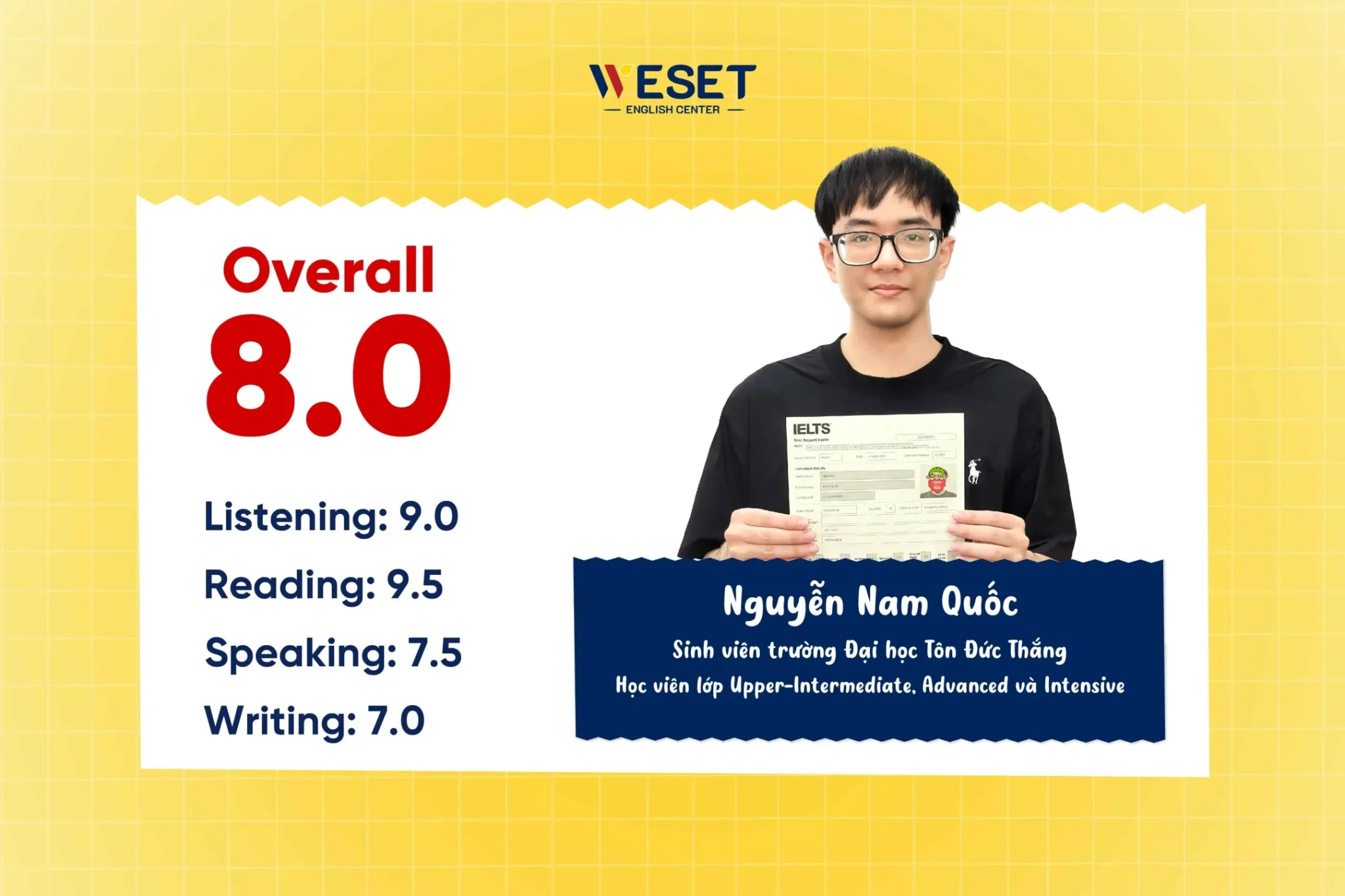 Nguyễn Nam Quốc đạt 8.0 IELTS cùng WESET – Hành trình bứt phá ngoạn mục